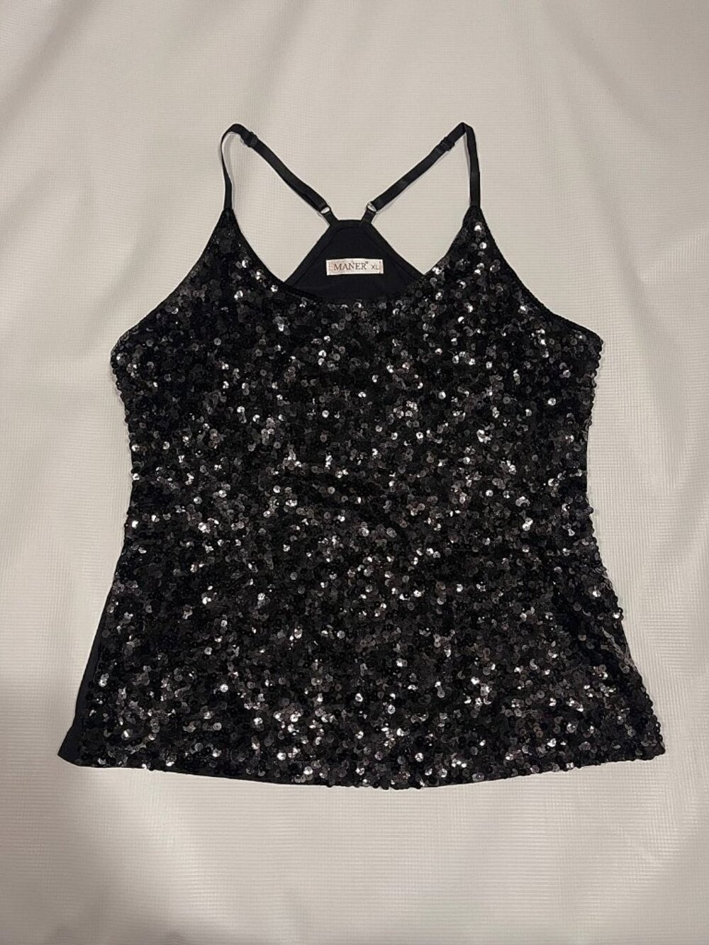 MANER Black Sequin Spaghetti Strap Tank Top, Size XL